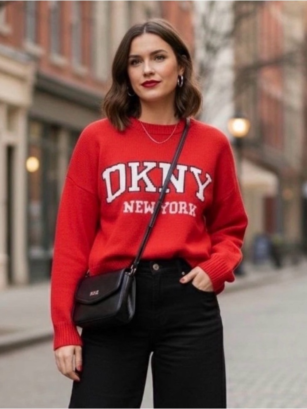 DKNY Jeans Womens Logo 90s Urban Collegiate Inspired Boxy Knit Sweater LARGE Red